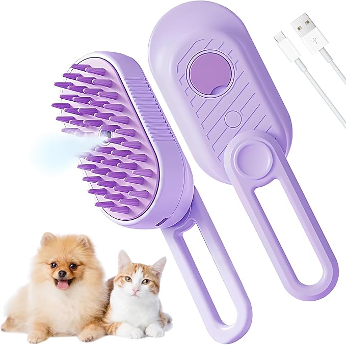 Cat Steam Brush for Shedding, 2026 New 4 in 1 Rechargeable Steam Pet Brushes for Cats & Dogs, Indoor Anti-static Pets Brush for Massage, Cleaning, Shedding & Combing Hair (Purple)