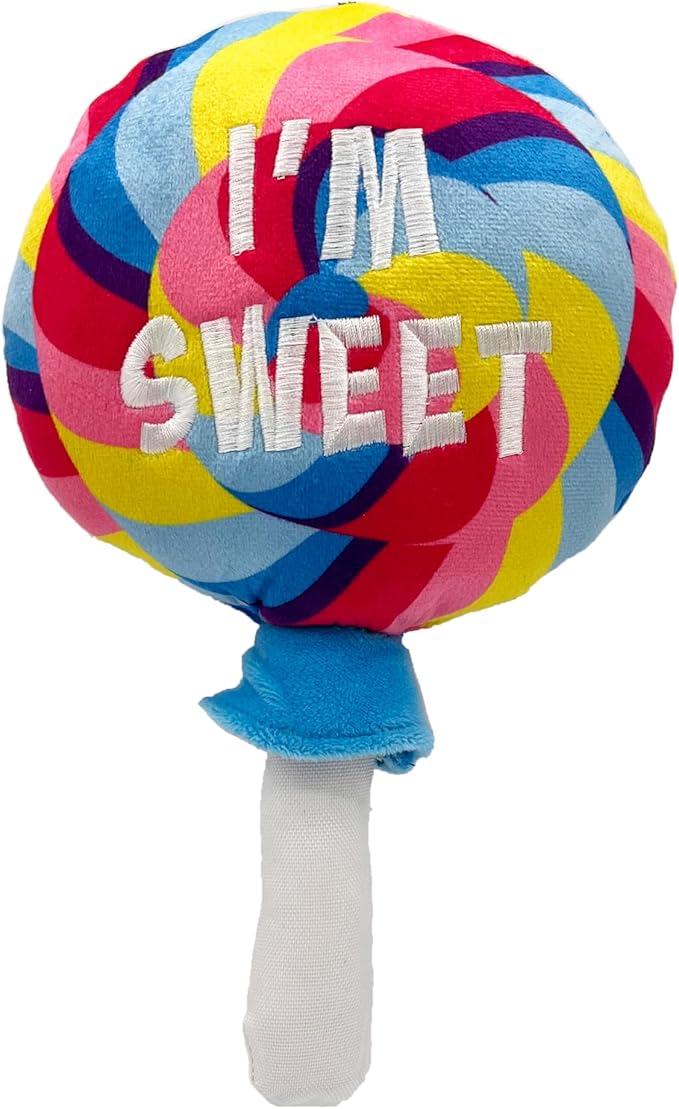 Huxley & Kent Funny Dog Toy w/Squeaker – Power Plush Squeaky Dog Toys for Small, Medium & Large Dogs – Soft Stuffed Animal for Indoor Play & Fetch - I'm Sweet Lollipop, Small