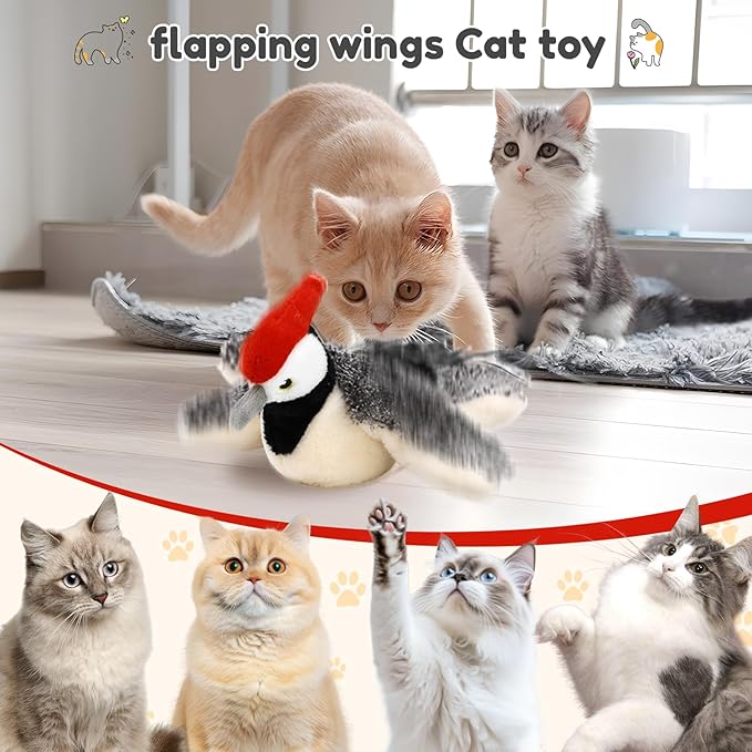 2026 New Chase Cat Toy, Rechargeable Interactive Chirping Bird Cat Toy, Chirping Bird Cat Toy Flapping Wings, Flying Interactive Simulation Electric Cat Toy (Beige)