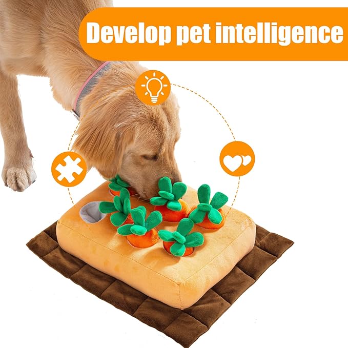 JOYELF Hide and Seek Plush Dog Toys, Interactive Squeak Dog Toys Teething Chew Toys Plush Carrot Field Educational Toys for Small Medium Large Dogs and Cats with 8 Carrots