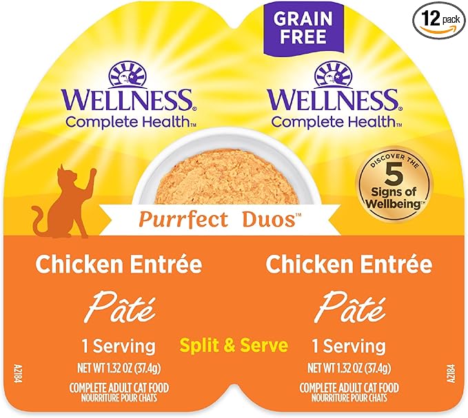 Wellness Complete Health Purrfect Duos Pate Adult Wet Cat Food, Natural, Protein Rich, Grain Free, Chicken Entrée Recipe, 2.64 oz, Pack of 12 Split Cups