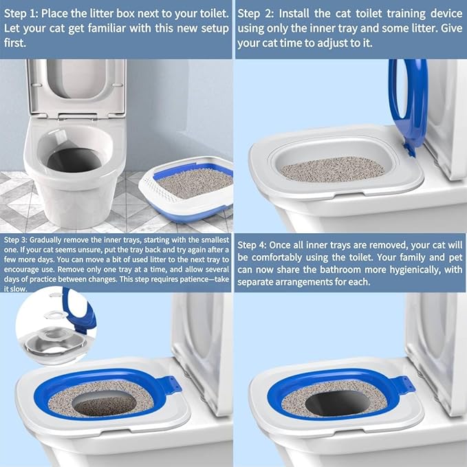 Cat Toilet Training Kit – Litter Box Trainer for Indoor Cats, Reusable Plastic Rings Fit Any Toilet, Stop Scooping Litter (Blue) (Blue)