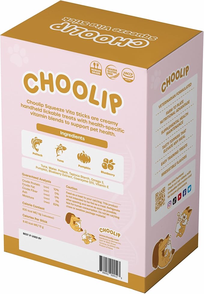 Choolip Squeeze Vita Stick Kidney Support Lickable Cat and Dog Treats – 49-Count Tuna and Pollack Sticks with Pumpkin, Blueberry and Omega-3 – Box with 7 Pouches, Vet-Formulated for Kidney Health