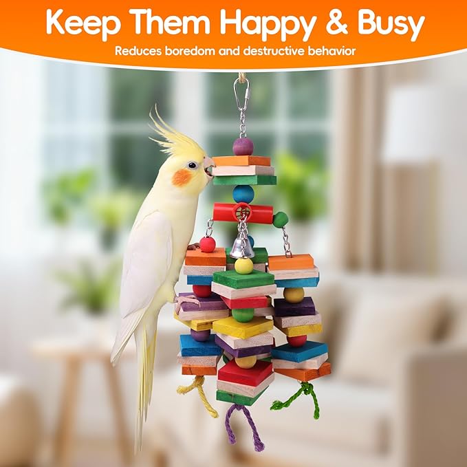 Cockatiel Toys,Natural Wood Bird Toys - 13.7" Interactive Shredding and Chewing Toy for Conures & Parakeets, Small to Medium Parrots Foraging Toys for Cage with Red Pipe & Silver Bell, Beak Health