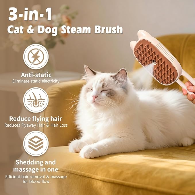 Pet Steam Brush for Dogs and Cats, Spritz Defur Comb 3 in 1 Pet Rechargeable Steam Brush Tool for Long and Short Haired Cats and Dogs, Anti-Static, Shedding, Detangling, Massage & Combing (White)