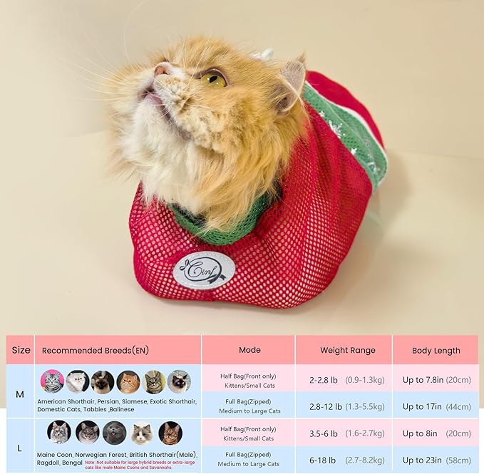 Cinf Cat Bathing Bag, Breathable Mesh Anti Scratch Adjustable Cat Grooming Bag for Nail Trimming, Bathing Soft Cat Washing Bag(XMS) M