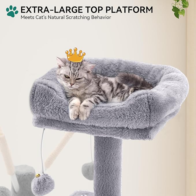 YITAHOME 44in Multi-Level Cat Tree for Indoor Kittens, Cat Furniture with Scratch Posts, Window Padded Plush Perch, Comfortable Hammock, and Interactive Pompoms, Light Gray