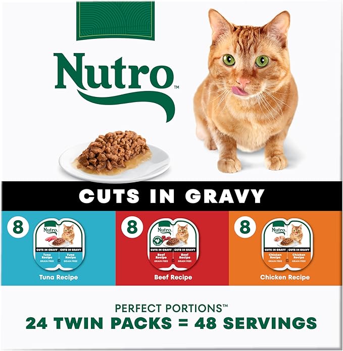 Nutro Perfect Portions Wet Cat Food Cuts in Gravy Multipack, Adult Cat Food Wet Beef, Tuna, and Chicken Recipes, 2.64 oz Twin-Pack Trays (24 Count, Pack of 1)