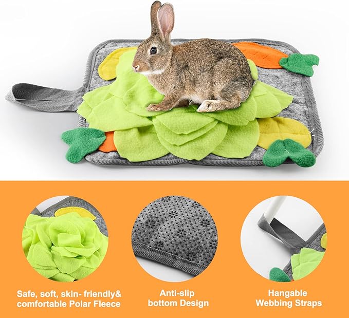 Rabbit Foraging Mat, Rabbit Toy 11.8"x11.8" Rabbits Snuffle Mat Machine Washable Polar Fleece Funny Interactive Nosework Feeding Mat Treat Dispenser for Bunny Guinea Pigs Ferrets Chinchillas