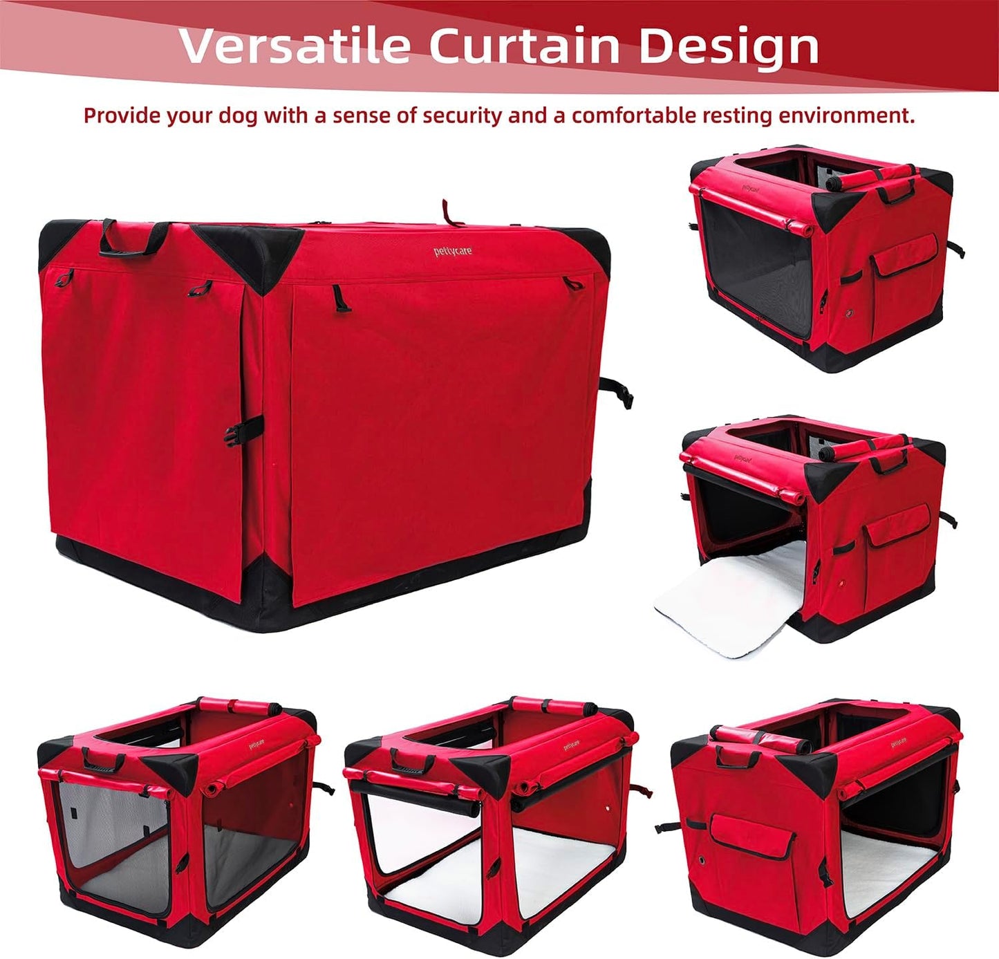 Pettycare 42 Inch Collapsible Dog Crate with Curtains Travel Dog Crate for Airflow and Calm Soft Pet Kennel with Portable Bag and More Chew Proof Mesh Indoor & Outdoor Red 4 Door Curtains