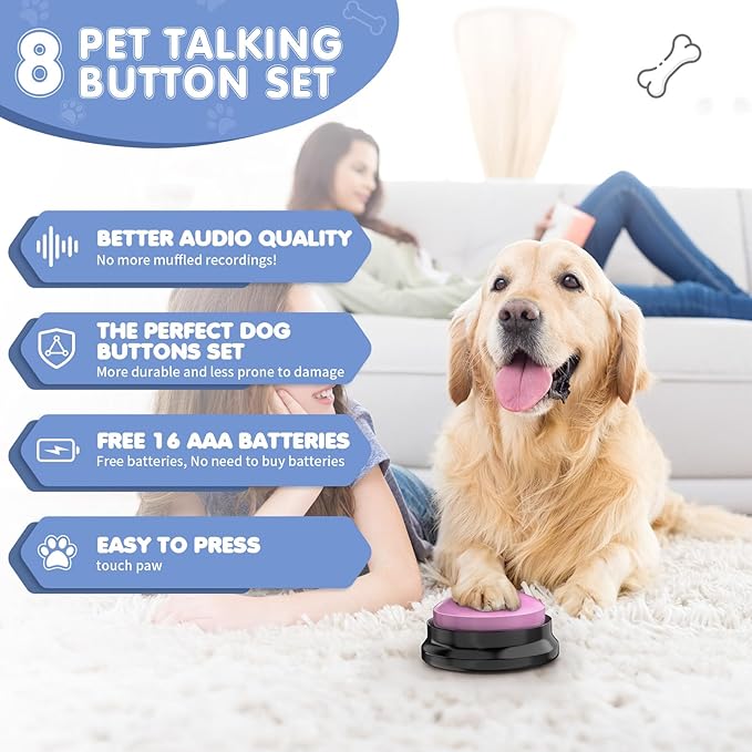Dog Buttons for Communication, 8 PCS Dog Talking Button Set,30 Seconds Recordable Pet Training Buzzer，with Training Manual Book+16 AAA Batteries+24 Scene Modes + 1 Dog Button Mat