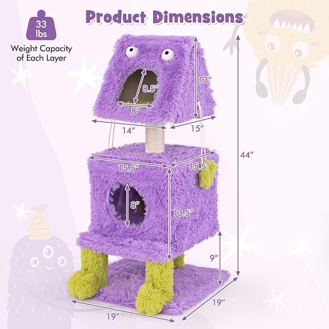 PETSITE 44 inch Monster-Themed Cute Cat Tree, Modern Cat Tree Tower with 2 Cat Condos, Sisal Scratching Post and Hanging Sound-Making Toys for Indoor Cats
