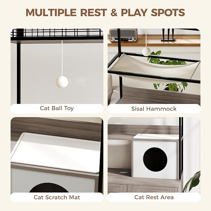 Garvee Cat Litter Box Enclosures with Storage Rack, Enclosed Litter Box Furniture, Hammock, Sisal Balls and Cat Scratching Mat