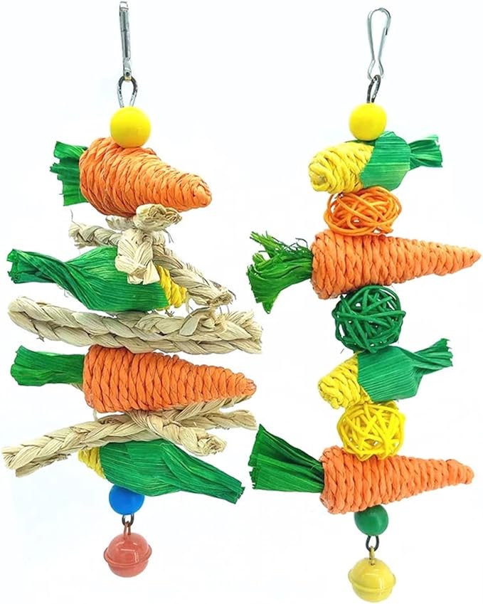 pureza Hand-Woven Straw Rope Chewing Toys for Parrots, Hamsters, and Rabbits - Carrot, Corn, and Rattan Ball Bird Cage Accessories(B Toy String)