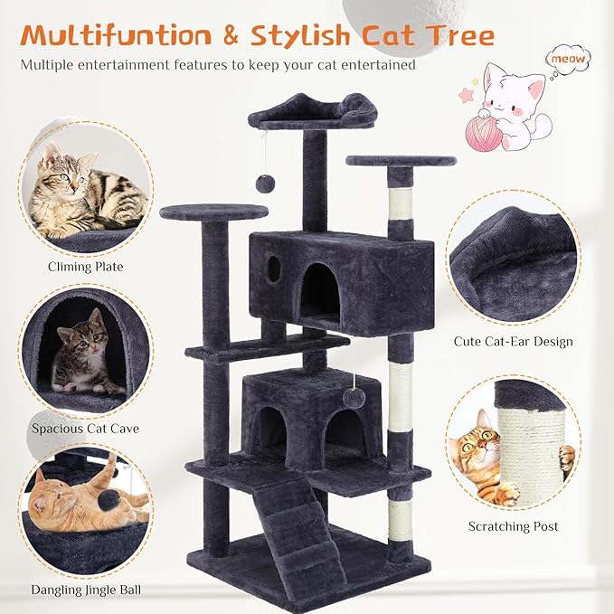 Hexago 54 Inch Cat Tree Tower for Indoor Cats, Dark Blue Multi-Level Cat Condo with Scratching Posts, Climbing Ramp, Plush Beds, and Toy Ball, Stable Cat Furniture Activity Center