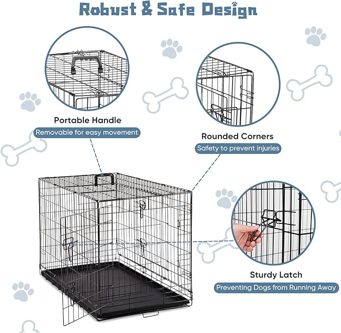 DUMOS Dog Crate, 36 Inch Medium Double Door Dog Cage with Plastic Leak-Proof Pan Tray, Folding Metal Wire Pet Kennel for Indoor, Outdoor, Travel