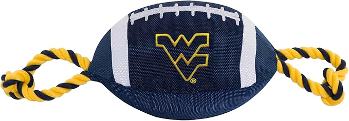 NCAA West Virginia Mountaineers Nylon Football Dog Toy, Tough Quality Nylon Materials, Strong Pull Ropes, Inner Squeaker, Collegiate Team Color