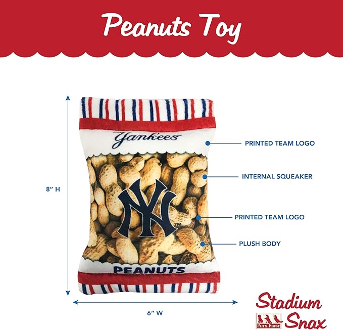 MLB New York Yankees Plush Peanuts Snack Toy for Dogs & Cats with Embroidered Team Name & Logo with Inner Squeaker