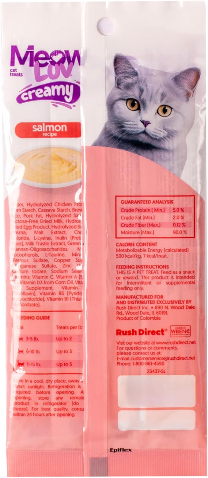 Ultra Chewy Meow Luv Lickable Cat Treats — Salmon Flavor Squeeze Tubes — Carrageenan Free, No Artificial Preservatives — Prebiotic Fiber, L-Taurine & Milk Thistle — 0.5 oz Tubes, Pack of 5