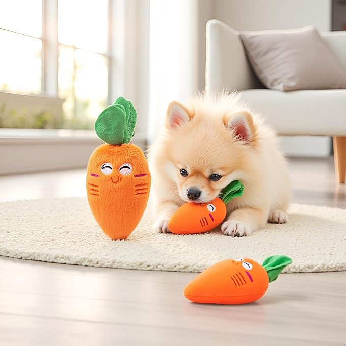 2 Pcs Soft Puppy Pet Supplies, Cute Orange Carrot Plush Chew Squeaker Sound Squeaky for Dog Cat Birthday Xmas Gifts