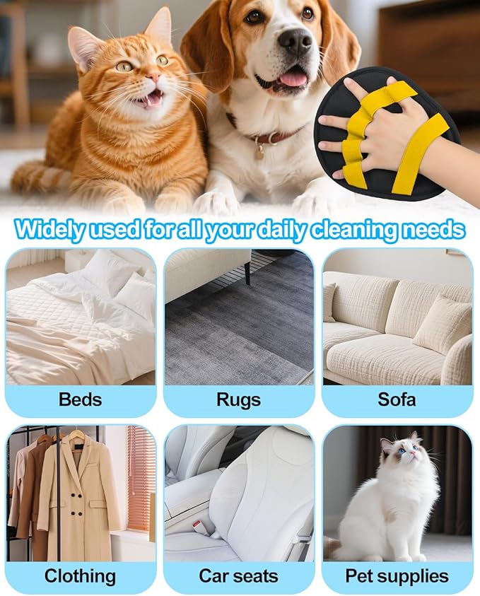 Pet Hair Removal Glove，Five-Finger Design Electrostatic Magic Brush Pet Hair Remover, Reusable Grooming Gloves, Cat & Dog Hair Tool for Carpet, Couch, Furniture and Clothing (Yellow)