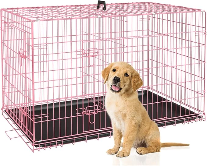Large Dog Crate, Portable Travel Dog Crate with Double-Door, Removable Tray - Extra Large Dog Cage for Medium Sized Dogs, Ideal for Indoor and Outdoor (Pink, 30")