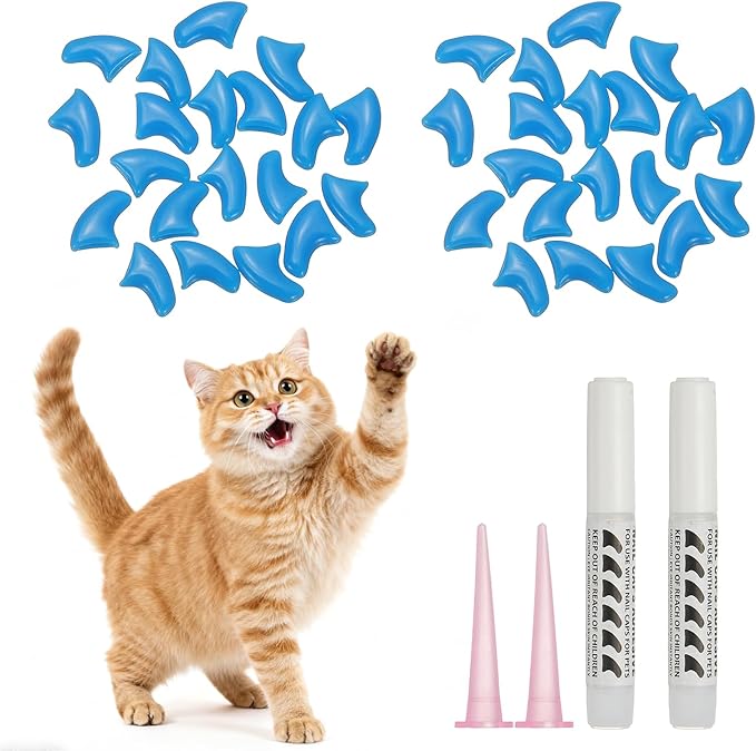 Cat Nail Caps, Cat Claw Covers with Adhesive Glue and Applicators, Kitten Claw Caps Soft Paws, (40 Pcs, S, Blue), Intended for Pet Tips/Nail Covers/Control Paws
