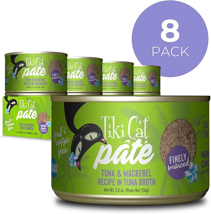 Tiki Cat Luau Pate, Ahi Tuna & Mackerel Recipe in Tuna Consumme, Grain-Free Balanced Nutrition Wet Canned Cat Food, for All Life Stages, 5.5 oz. Can (8 Count)