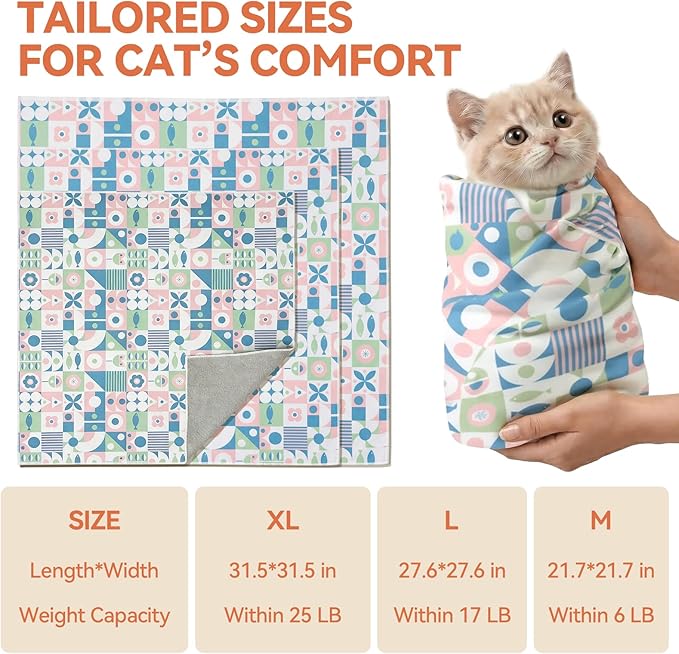 BFNN Cat Grooming Wrap for Cutting Nails, 27.6" Anti-Escape Calming Cat Swaddle Wrap for Medicine, Nail Clipping, Teeth Brushing, Ear Cleaning, Self-Adherent Burrito Restraint, (Geometric Fish, L)