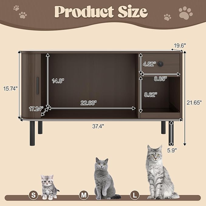 Merax 37.4" Cat Litter Box Enclosure with Sliding Door & Charging Station, Wooden Hidden Litter Box Enclosure Furniture w/Storage Drawer, Modern Indoor Cat House, TV Stand for Living Room, Brown