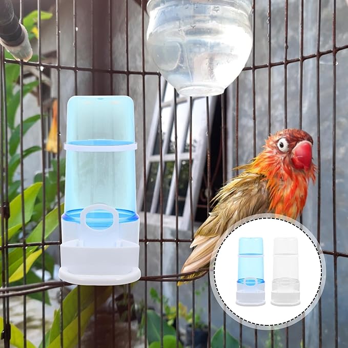 2pcs Automatic Bird and Hamster Food Dispenser Set, Plastic Parrot Cage Feeder with Blue and Containers, Suitable for Large Bird Cages and Small Pet Feeding