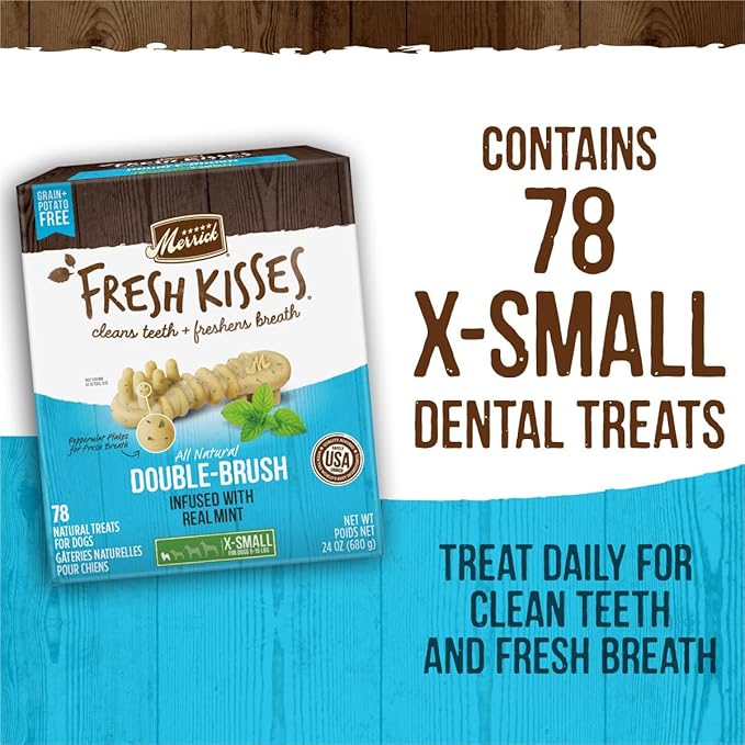 Merrick Fresh Kisses Natural Dental Chews Toothbrush Treat Shape Infused With Real Mint For Tiny Dogs 5-15 Lbs - 20 ct. Bag