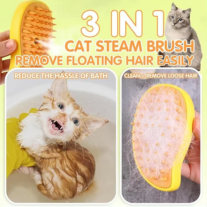 Steamy Cat Brush - 3-in-1 Self-Cleaning Grooming Tool for Cats and Dogs, Cat Steamer Brush for Massage - Removes Tangled And Loose Hair