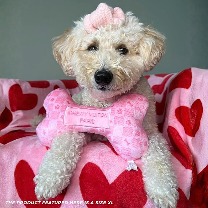 Haute Diggity Dog Chewy Vuiton Bone Plush Squeaky Dog Toy, Soft Durable Designer-Inspired Stuffed Puppy Chew Toys for Small, Medium & Large Dogs, Machine-Washable (Pink Checker) XL