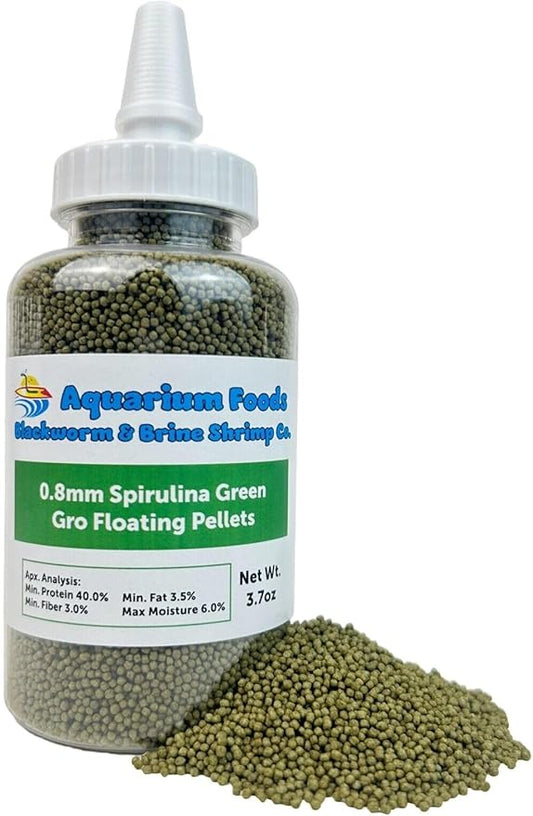 0.8mm Micro Spirulina Green Gro Floating Pellets for Guppies, Tetras, Bettas, Nano Fish, All Baby Fish…3.7oz Squeeze Bottle