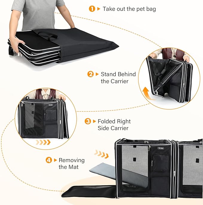 Lekereise Large Cat Carrier Soft Sided, 28" x 13" x 13", Large cat Travel Carrier for 2 Cats with Zipper Locks for Moving Across The Country(No Hammock), Foldable for Storage, Black