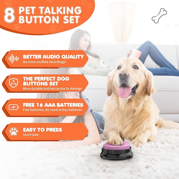Dog Buttons for Communication,Talking Buttons for Dogs,8 Recordable Sound Buttons + 24 Scene Patterns + 1 Dog Button Mat+ 16 AAA Batteries，30 Seconds Dog Buttons for Pet Sound Training Toy