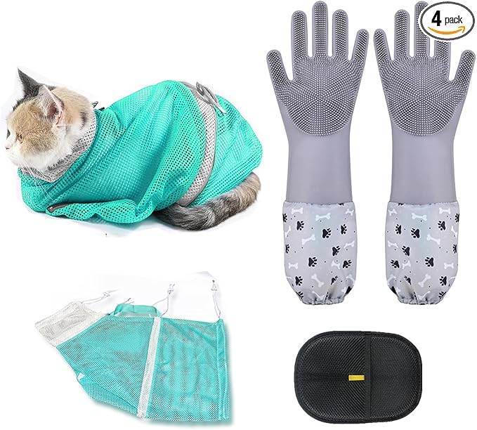 Pet Grooming Long Sleeve Washing Gloves feature silicone grooves design, ideal for both cats and dogs. This set includes 4 pieces in total, coming with a cat bathing bag and a pet hair remover.
