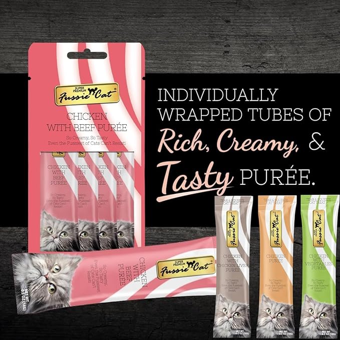 Fussie Cat Premium Puree Lickable Cat Treats in Chicken Puree, 4 Flavors, 4 Packs of 4-0.5oz Tubes (16 Total Tubes) +Spoon