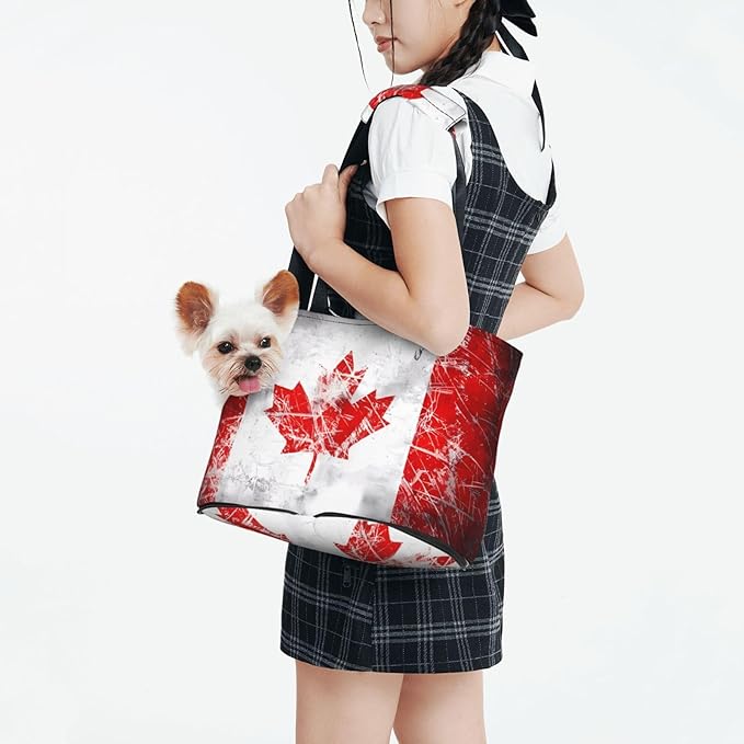 Foldable Pet Carrier Sling - Waterproof Small Dog & Cat Travel Retro Canada Flag Tote with Safety Hook for Hiking