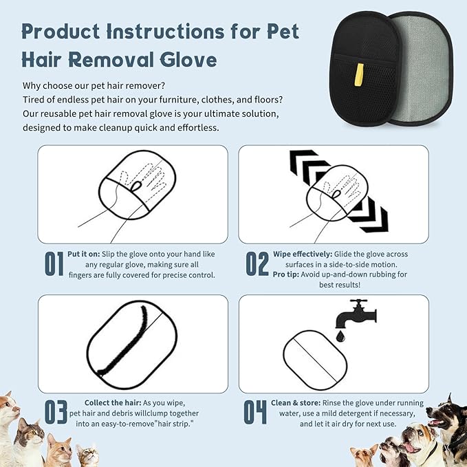 Teruntrue 8 Pack Pet Hair Removal Gloves, Double-Sided Electrostatic Grooming Glove, Reusable Deshedding Gloves for Dogs Cats, Fit Furniture Sofa Carpet Clothes Bed Home Upholstery