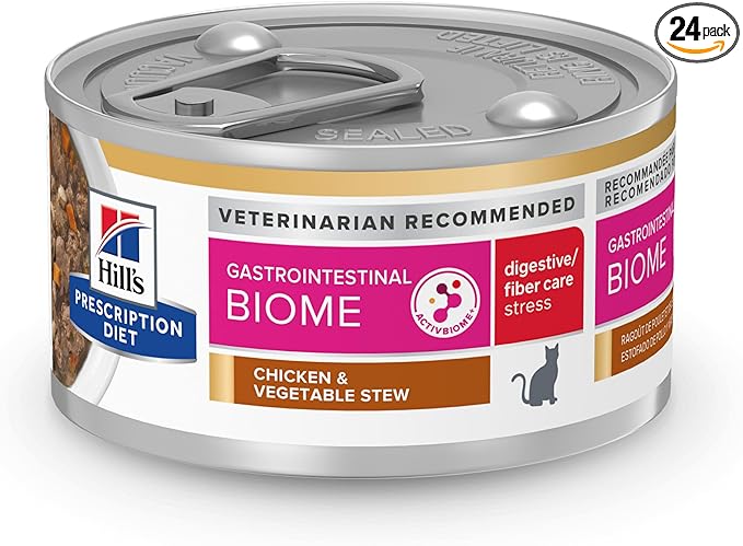 Hill's Prescription Diet Gastrointestinal Biome Stress Digestive/Fiber Care Wet Cat Food, Chicken & Vegetable Stew, 2.9 oz. Cans, 24-Pack