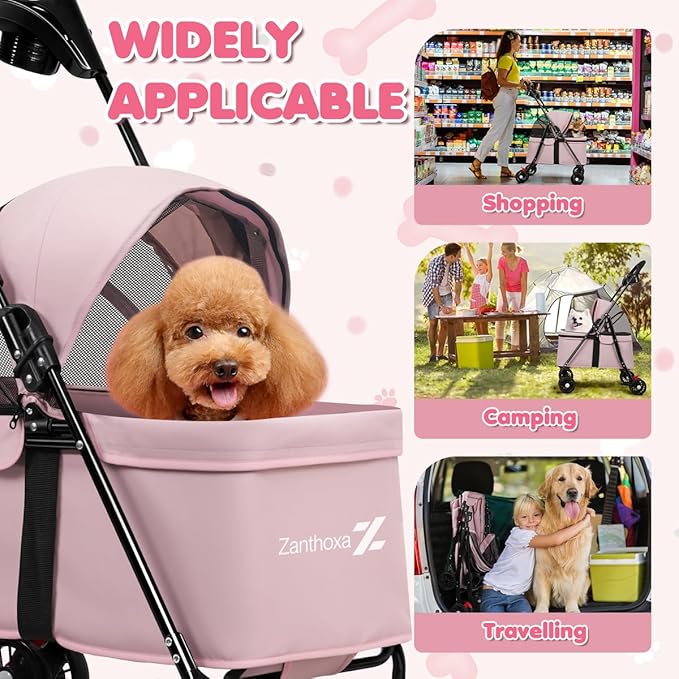 Dog Stroller, 4 Wheels Pet Stroller for Small Dogs & Cats, One-Click Foldable Cat Strollers Up to 33 Ibs with Sun Shades, Cup Holder and Breathable Mesh, Easy Assembly