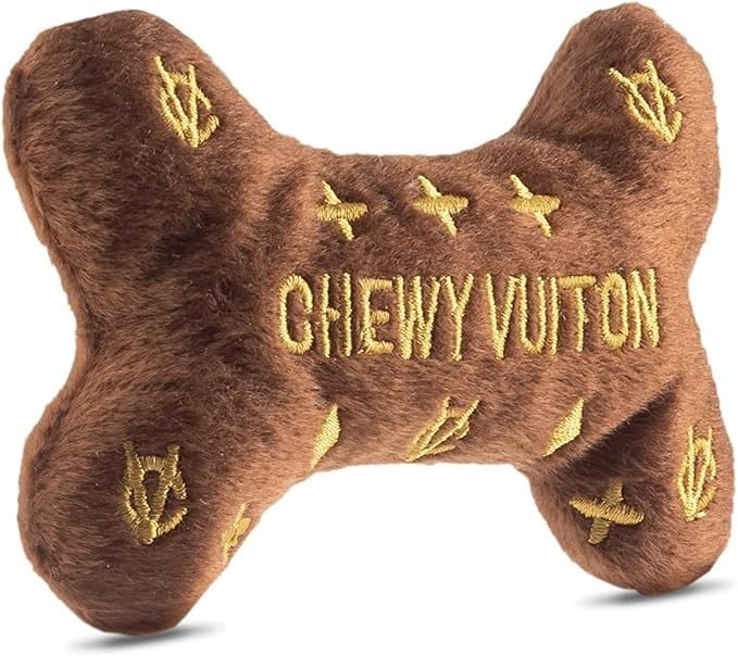 Dog Diggin Designs Chewy Vuiton Plush Dog Toy Bone | Luxury-Inspired Parody Designer Bone with Squeaker, Soft Plush Chew & Play Dog Toy – Prêt-à-Porter Play!