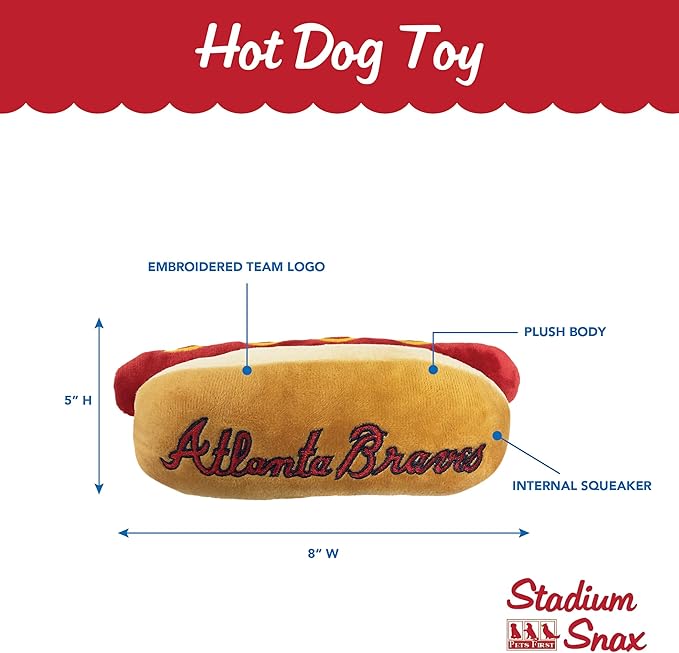 MLB Atlanta Braves Plush Dog Toys - Stadium Theme Snacks - Cutest Plush HOT-Dog Toy for Dogs & Cats with Inner Squeaker & Premium Embroidery of Baseball Team Name/Logo