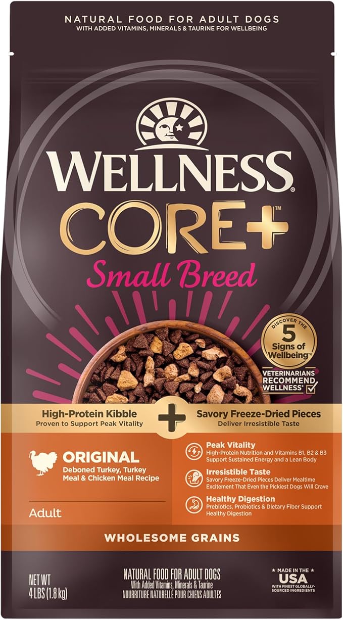 Wellness CORE+ Small Breed Adult Dry Dog Food with Freeze Dried Pieces, Wholesome Grain Kibble+, Natural, High Protein, Turkey and Chicken Recipe, 4 lb Bag