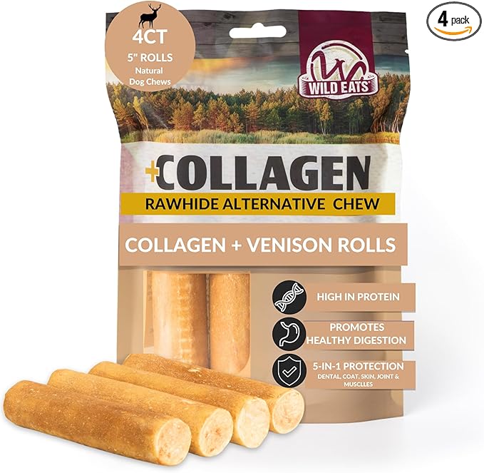 Wild Eats Venison Flavor Collagen Retriever Style Cheek Rolls 5" Dog Chews-4 Pack (Long Lasting Dog Chews Treats & Bones for Medium Dogs) Substitute for Pig Ears for Dogs