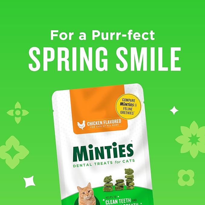 Minties Dental Treats for Cats, Chicken Flavored Treats for Cats, Freshens Breath and Controls Tartar, 30oz (12 2.5oz Bags)