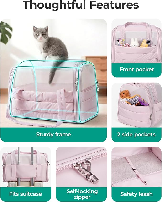 BAGSMART Cat Carrier: Soft-Sided Pet Carrier for Small Medium Cats Dogs Puppy Quilted Collapsible Puffy Travel Bag Up to 25 Lbs Pink
