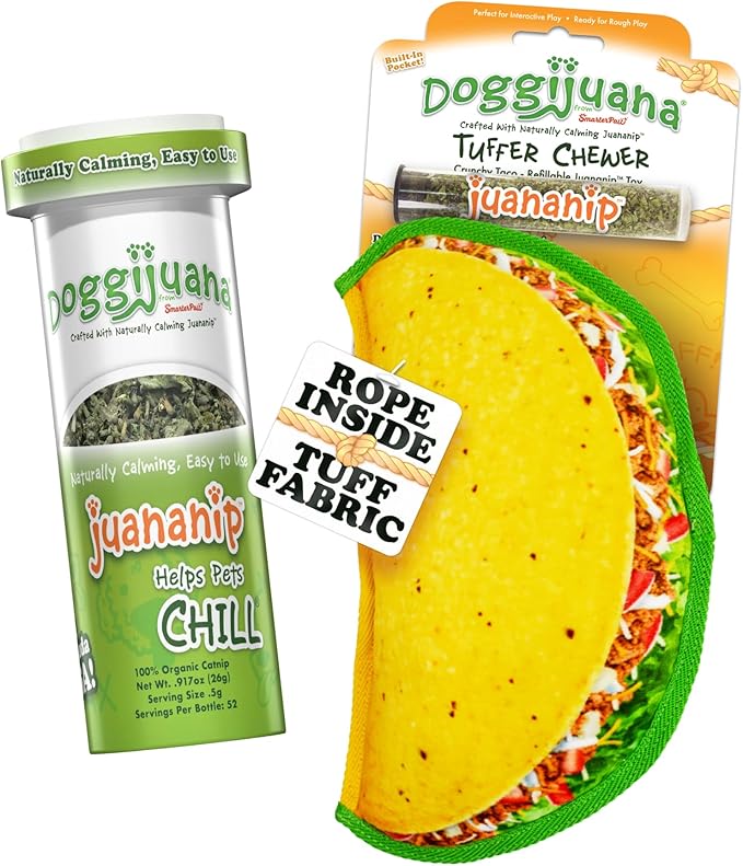Doggijuana Taco Chewsday Bundle | Tuffer Chewer Taco Plush Squeaky Dog Toy and Juananip Refill Bottle | Calming Aid for Dogs | Organic Catnip Grown in North America | Promotes Relaxation and Play